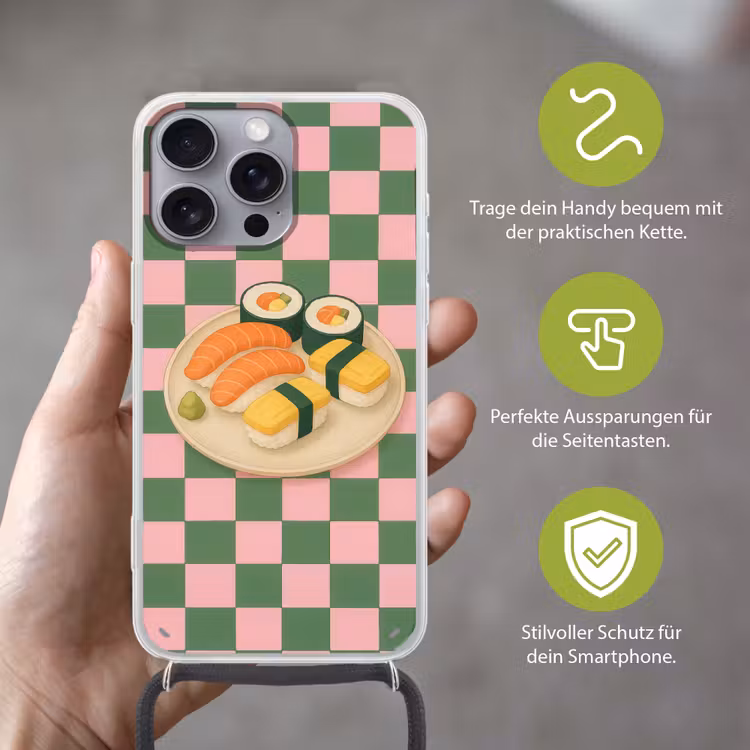 Sushi - Bord - Geblokt - Groen Hoesje iPhone 16 Pro Max met koord klein -sfeer2_DE