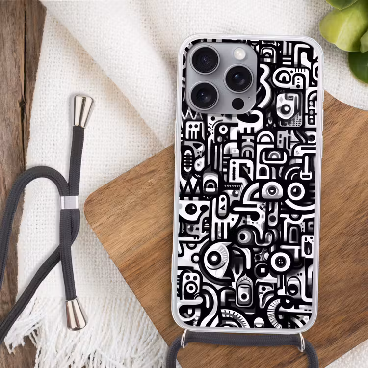 Symbolen - Abstract - Grafisch - Zwart Hoesje iPhone 16 Pro Max met koord klein -sfeer4