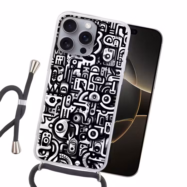 Symbolen - Abstract - Grafisch - Zwart Hoesje iPhone 16 Pro Max met koord klein -sfeer1