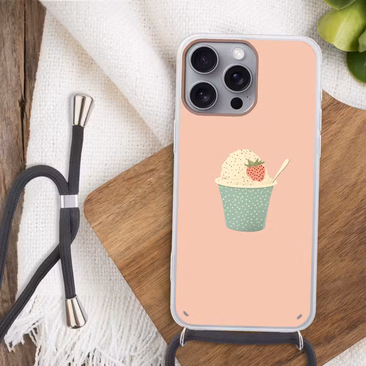 Bakje - Ijs - Aardbei - Roze Hoesje iPhone 16 Pro Max met koord klein -sfeer4