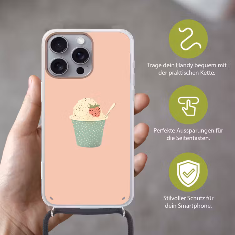 Bakje - Ijs - Aardbei - Roze Hoesje iPhone 16 Pro Max met koord klein -sfeer2_DE