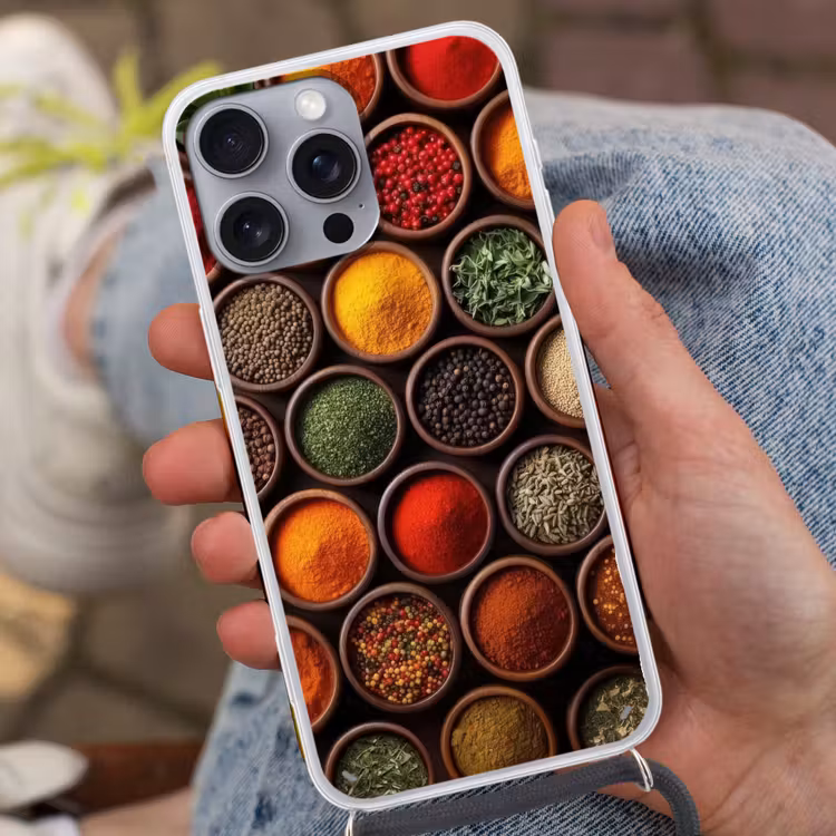 Bakjes - Hout - Kruiden - Kleurrijk Hoesje iPhone 16 Pro Max met koord klein -sfeer3