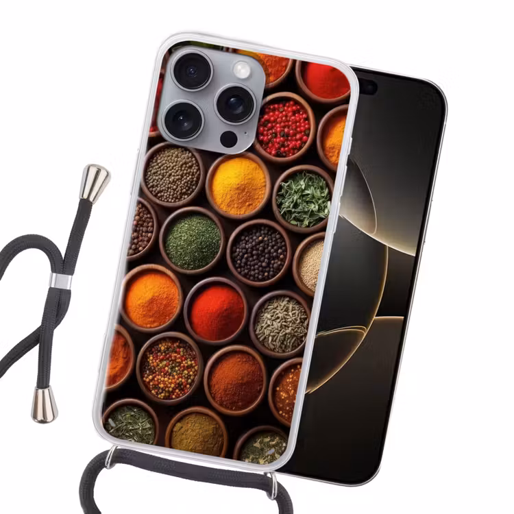 Bakjes - Hout - Kruiden - Kleurrijk Hoesje iPhone 16 Pro Max met koord klein -sfeer1