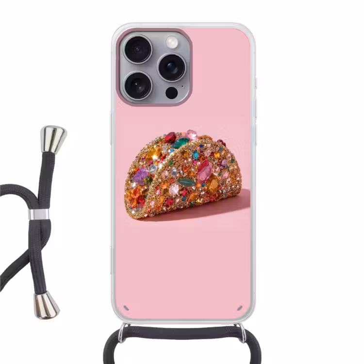 Taco - Kleurrijk - Edelstenen - Goud Hoesje iPhone 16 Pro Max met koord klein -3d