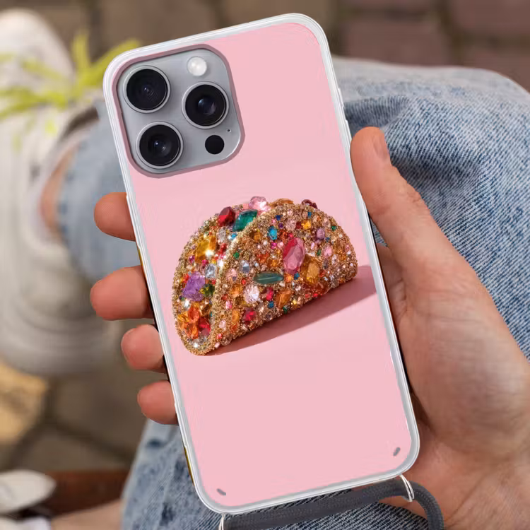 Taco - Kleurrijk - Edelstenen - Goud Hoesje iPhone 16 Pro Max met koord klein -sfeer3