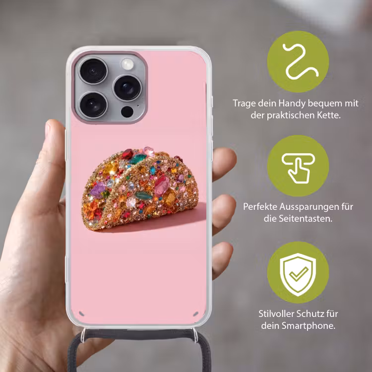 Taco - Kleurrijk - Edelstenen - Goud Hoesje iPhone 16 Pro Max met koord klein -sfeer2_DE