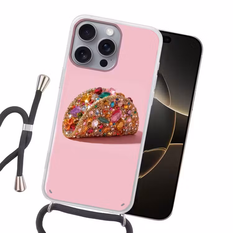 Taco - Kleurrijk - Edelstenen - Goud Hoesje iPhone 16 Pro Max met koord klein -sfeer1