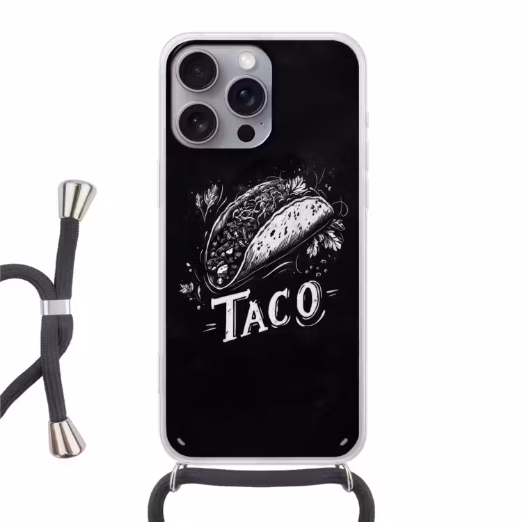 Taco - Kruiden - Witte krijtstijl - Tekst Hoesje iPhone 16 Pro Max met koord klein -3d