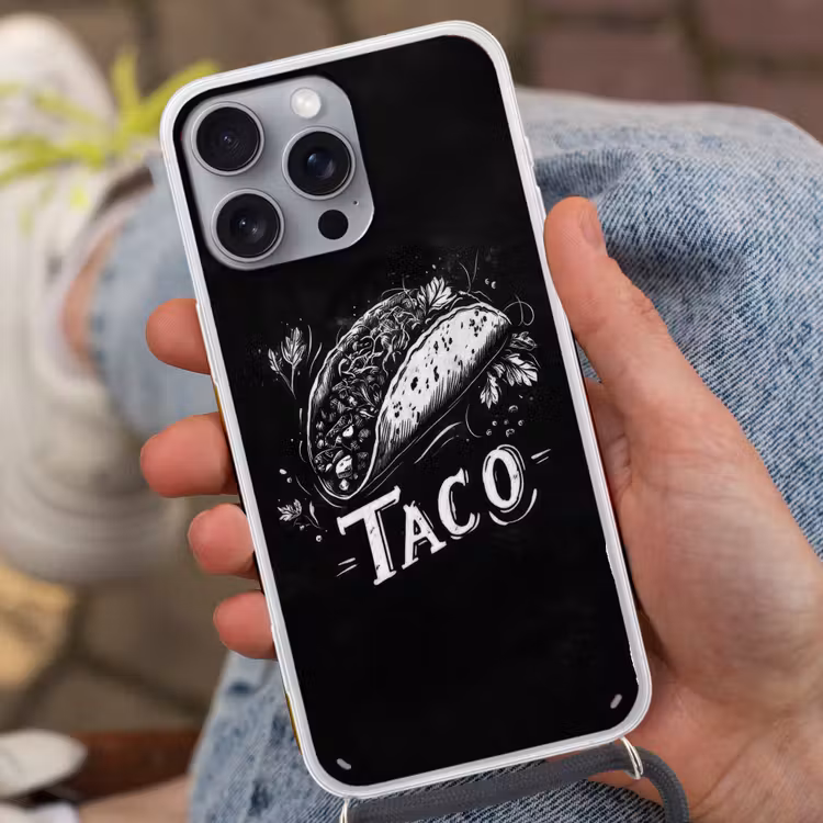 Taco - Kruiden - Witte krijtstijl - Tekst Hoesje iPhone 16 Pro Max met koord klein -sfeer3