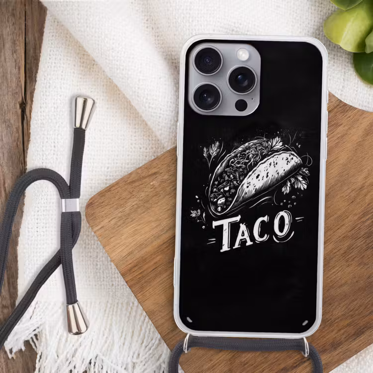 Taco - Kruiden - Witte krijtstijl - Tekst Hoesje iPhone 16 Pro Max met koord klein -sfeer4