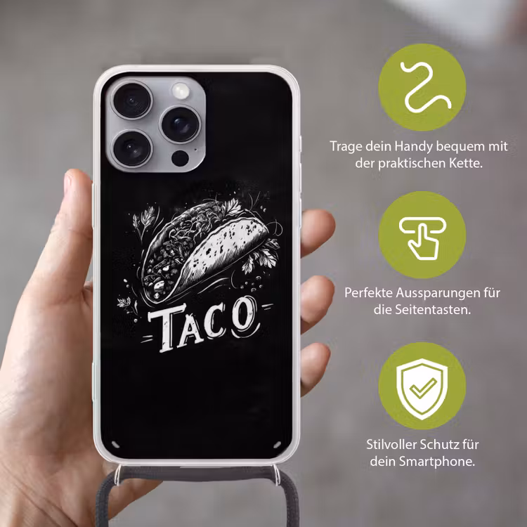 Taco - Kruiden - Witte krijtstijl - Tekst Hoesje iPhone 16 Pro Max met koord klein -sfeer2_DE