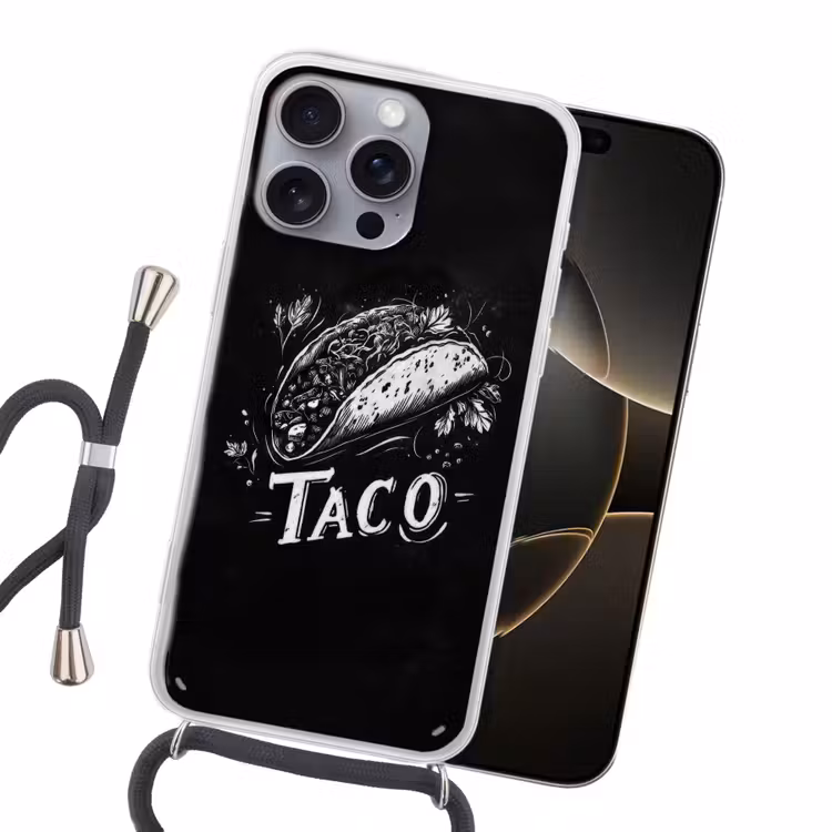 Taco - Kruiden - Witte krijtstijl - Tekst Hoesje iPhone 16 Pro Max met koord klein -sfeer1