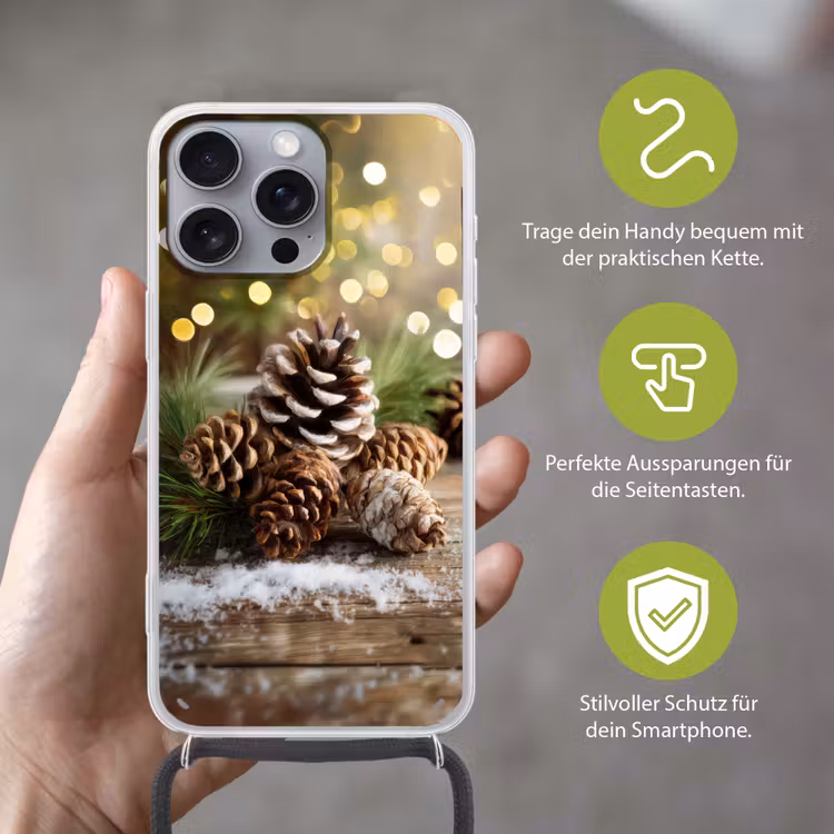 Dennenappels - Kerstsfeer - Bruin - Groen Hoesje iPhone 16 Pro Max met koord klein -sfeer2_DE