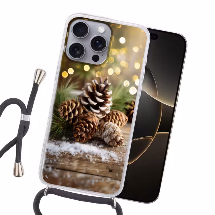 Dennenappels - Kerstsfeer - Bruin - Groen Hoesje iPhone 16 Pro Max met koord klein -sfeer1