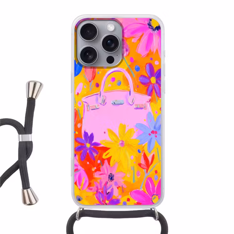 Tas - Roze - Bloemen Hoesje iPhone 16 Pro Max met koord klein -3d
