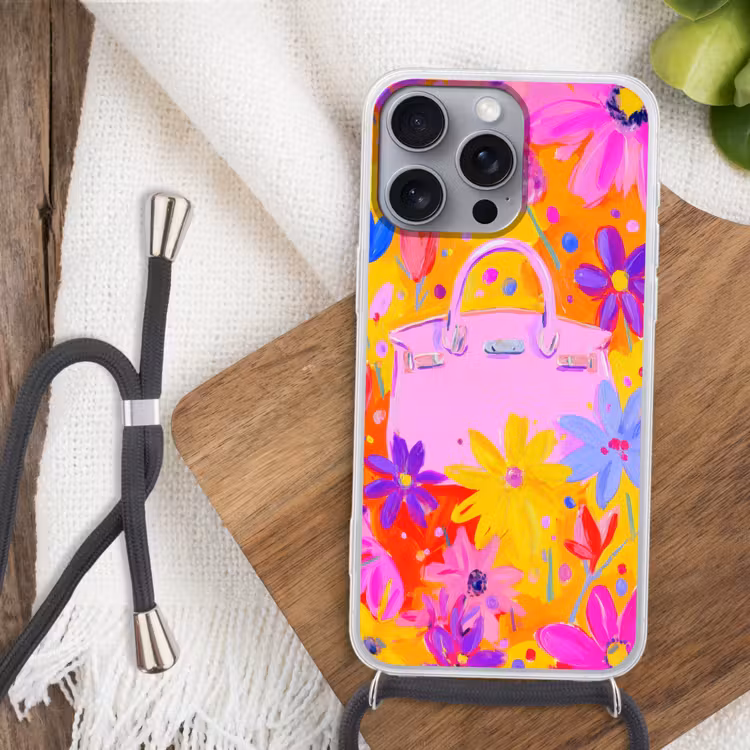 Tas - Roze - Bloemen Hoesje iPhone 16 Pro Max met koord klein -sfeer4