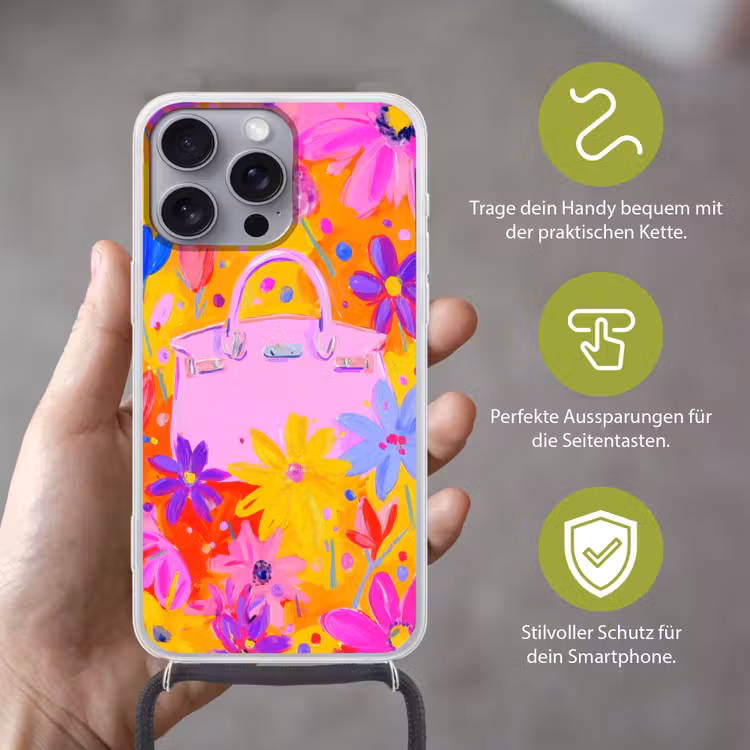 Tas - Roze - Bloemen Hoesje iPhone 16 Pro Max met koord klein -sfeer2_DE