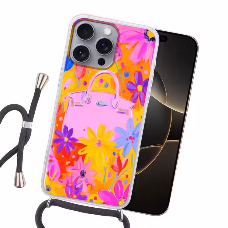 Tas - Roze - Bloemen Hoesje iPhone 16 Pro Max met koord klein -sfeer1
