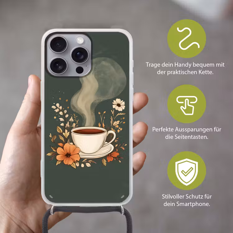 Kop - Bloemen - Groen - Koffie Hoesje iPhone 16 Pro Max met koord klein -sfeer2_DE