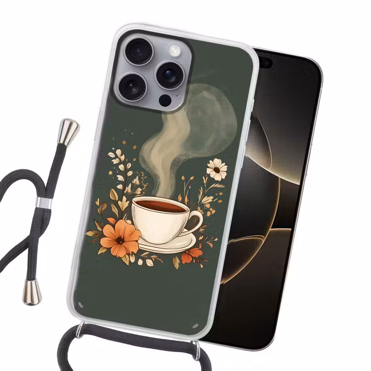 Kop - Bloemen - Groen - Koffie Hoesje iPhone 16 Pro Max met koord klein -sfeer1