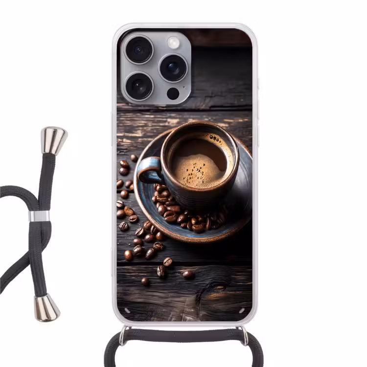 Kop - Koffie - Hout - Bonen Hoesje iPhone 16 Pro Max met koord klein -3d