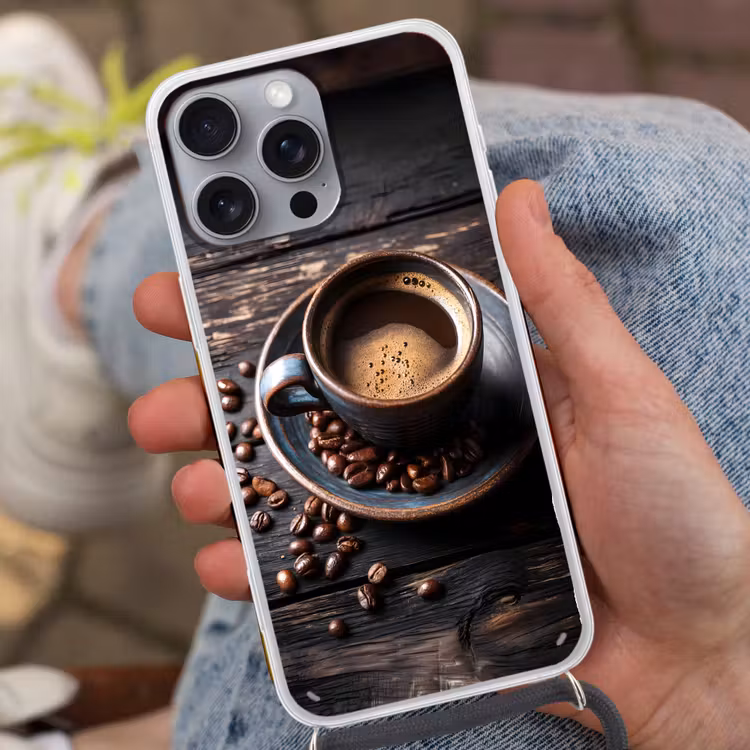 Kop - Koffie - Hout - Bonen Hoesje iPhone 16 Pro Max met koord klein -sfeer3