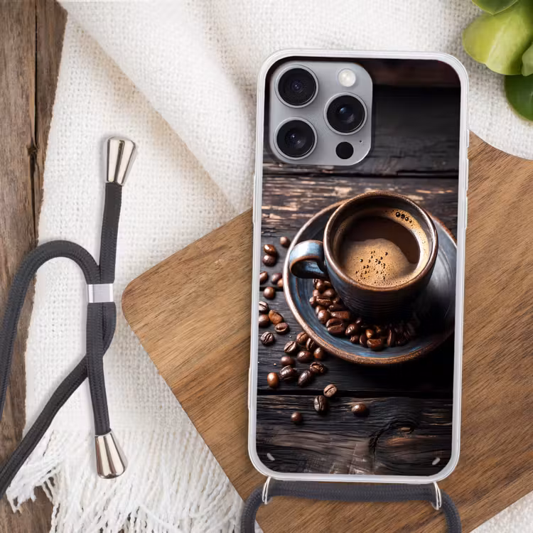 Kop - Koffie - Hout - Bonen Hoesje iPhone 16 Pro Max met koord klein -sfeer4