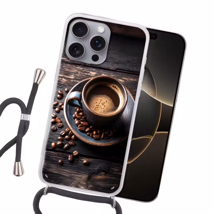 Kop - Koffie - Hout - Bonen Hoesje iPhone 16 Pro Max met koord klein -sfeer1
