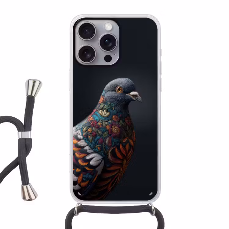 Duif - Bloemen - Zwart Hoesje iPhone 16 Pro Max met koord klein -3d
