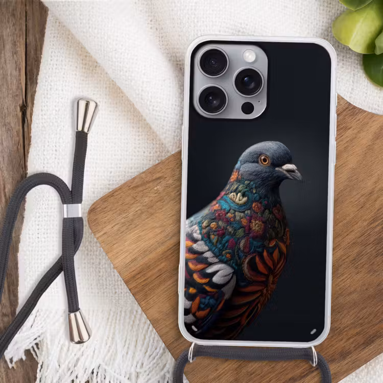 Duif - Bloemen - Zwart Hoesje iPhone 16 Pro Max met koord klein -sfeer4