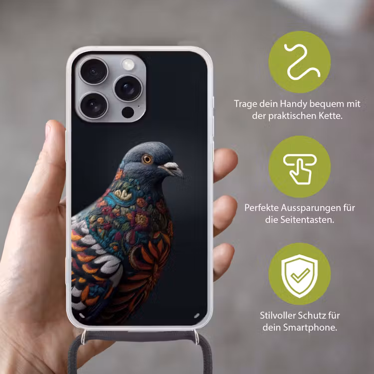 Duif - Bloemen - Zwart Hoesje iPhone 16 Pro Max met koord klein -sfeer2_DE