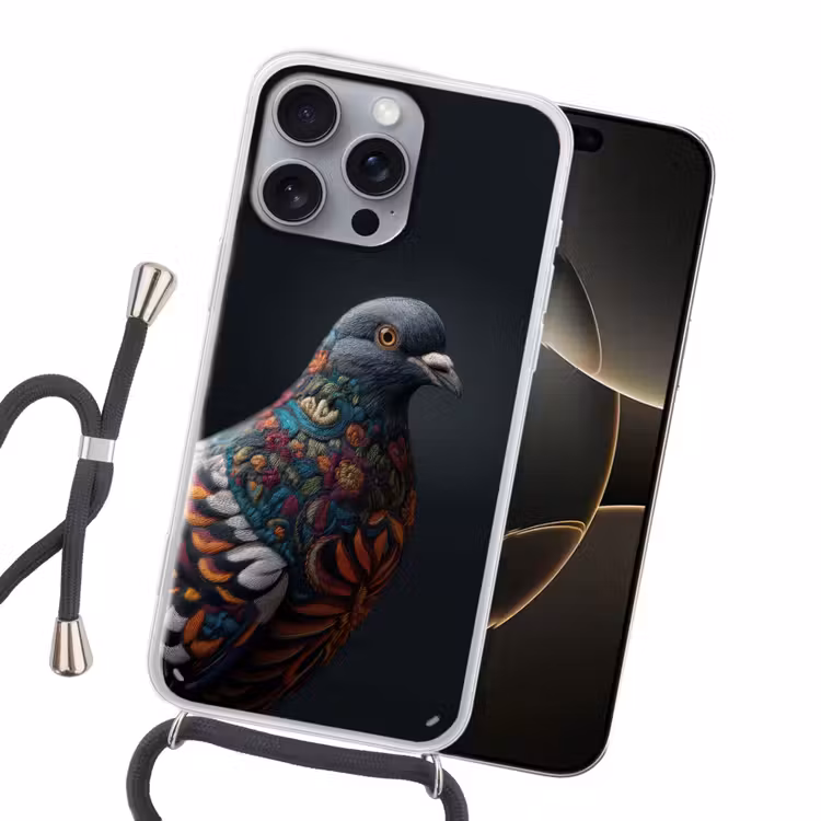 Duif - Bloemen - Zwart Hoesje iPhone 16 Pro Max met koord klein -sfeer1