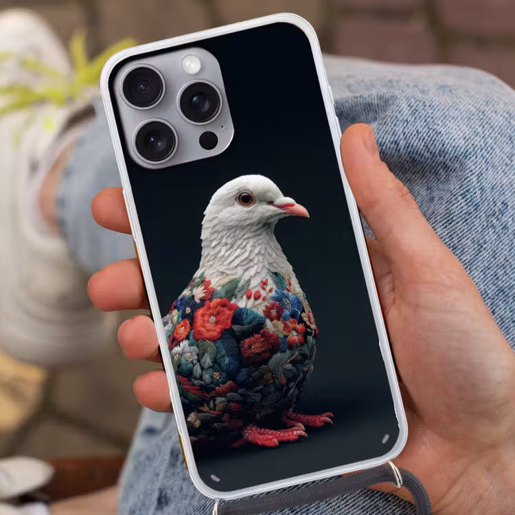 Duif - Bloemen - Wit - Zwart Hoesje iPhone 16 Pro Max met koord klein -sfeer3