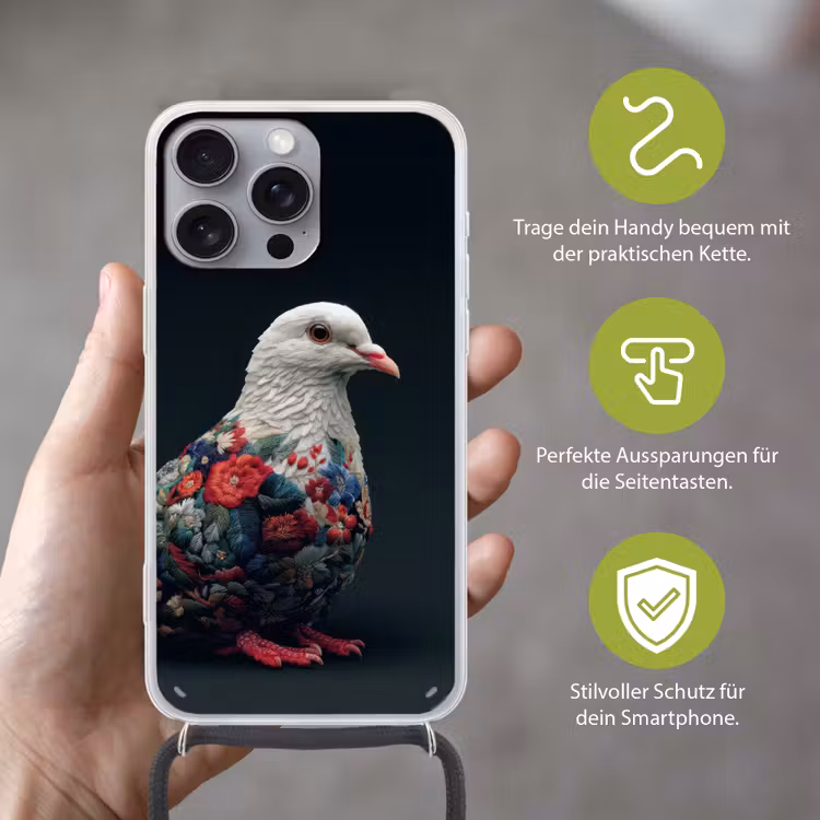 Duif - Bloemen - Wit - Zwart Hoesje iPhone 16 Pro Max met koord klein -sfeer2_DE