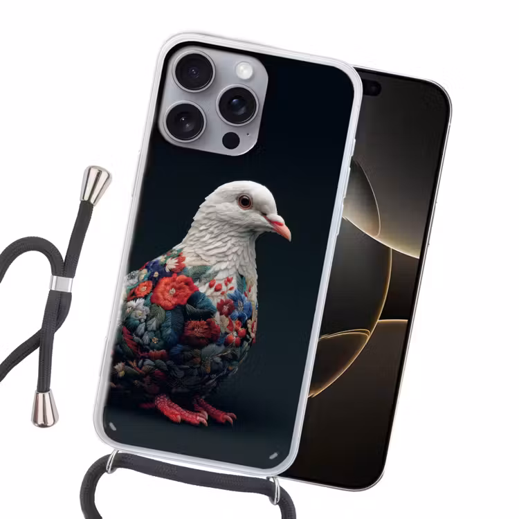Duif - Bloemen - Wit - Zwart Hoesje iPhone 16 Pro Max met koord klein -sfeer1