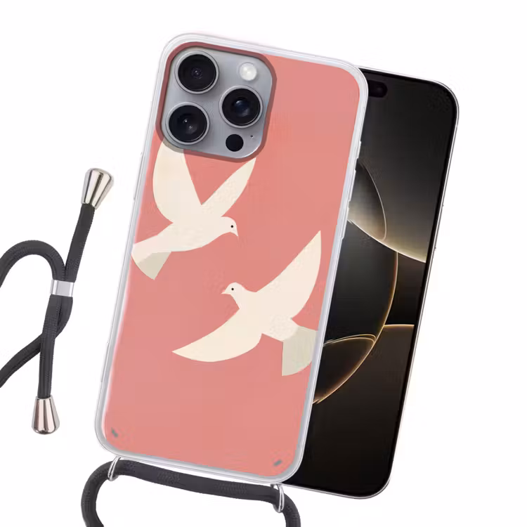 Duiven - Wit - Sierlijk Hoesje iPhone 16 Pro Max met koord klein -sfeer1