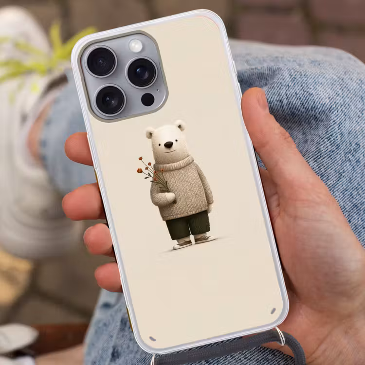 Knuffelbeer - Oranje bloemen - Vriendelijk Hoesje iPhone 16 Pro Max met koord klein -sfeer3