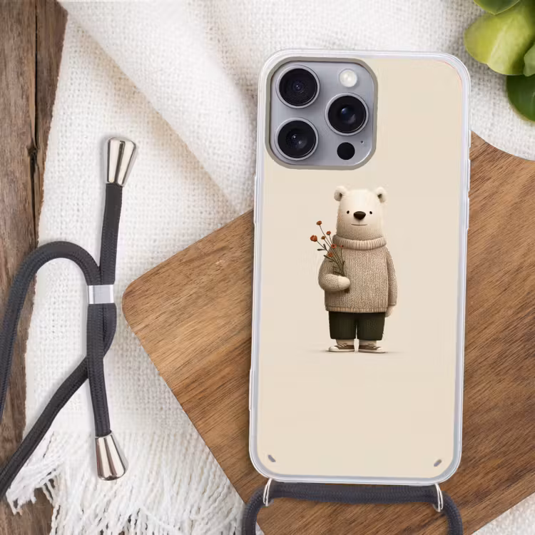 Knuffelbeer - Oranje bloemen - Vriendelijk Hoesje iPhone 16 Pro Max met koord klein -sfeer4