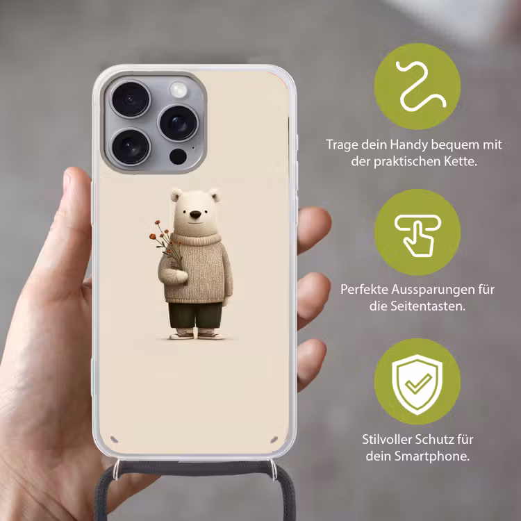 Knuffelbeer - Oranje bloemen - Vriendelijk Hoesje iPhone 16 Pro Max met koord klein -sfeer2_DE