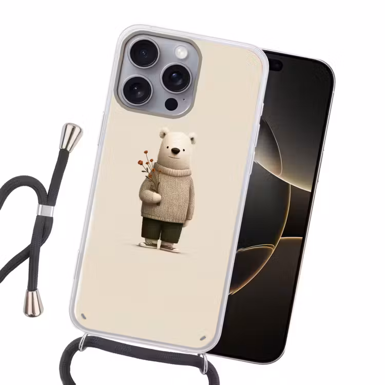 Knuffelbeer - Oranje bloemen - Vriendelijk Hoesje iPhone 16 Pro Max met koord klein -sfeer1
