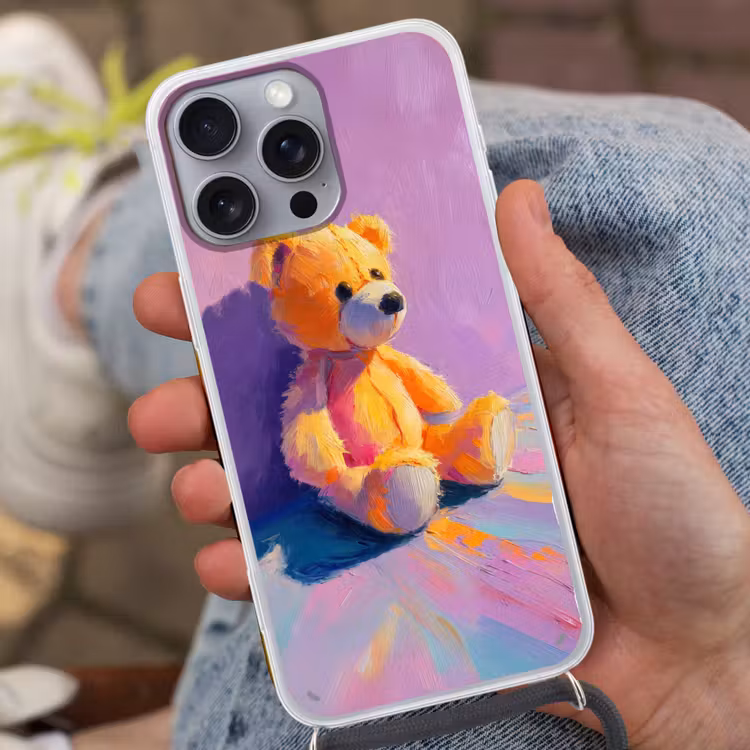 Teddybeer - Schaduw - Penseelstreken - Paars Hoesje iPhone 16 Pro Max met koord klein -sfeer3