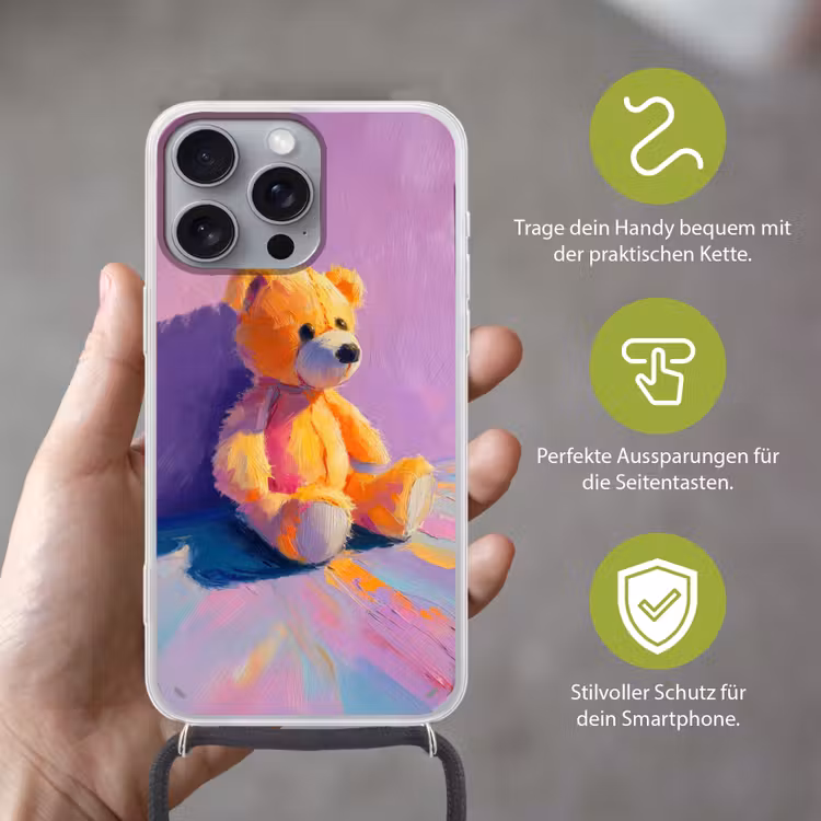 Teddybeer - Schaduw - Penseelstreken - Paars Hoesje iPhone 16 Pro Max met koord klein -sfeer2_DE