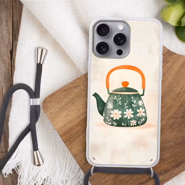 Theepot - Groen - Bloemen - Oranje Hoesje iPhone 16 Pro Max met koord klein -sfeer4