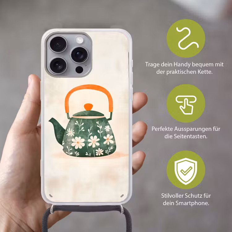 Theepot - Groen - Bloemen - Oranje Hoesje iPhone 16 Pro Max met koord klein -sfeer2_DE