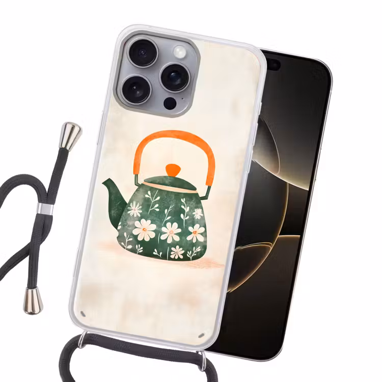 Theepot - Groen - Bloemen - Oranje Hoesje iPhone 16 Pro Max met koord klein -sfeer1