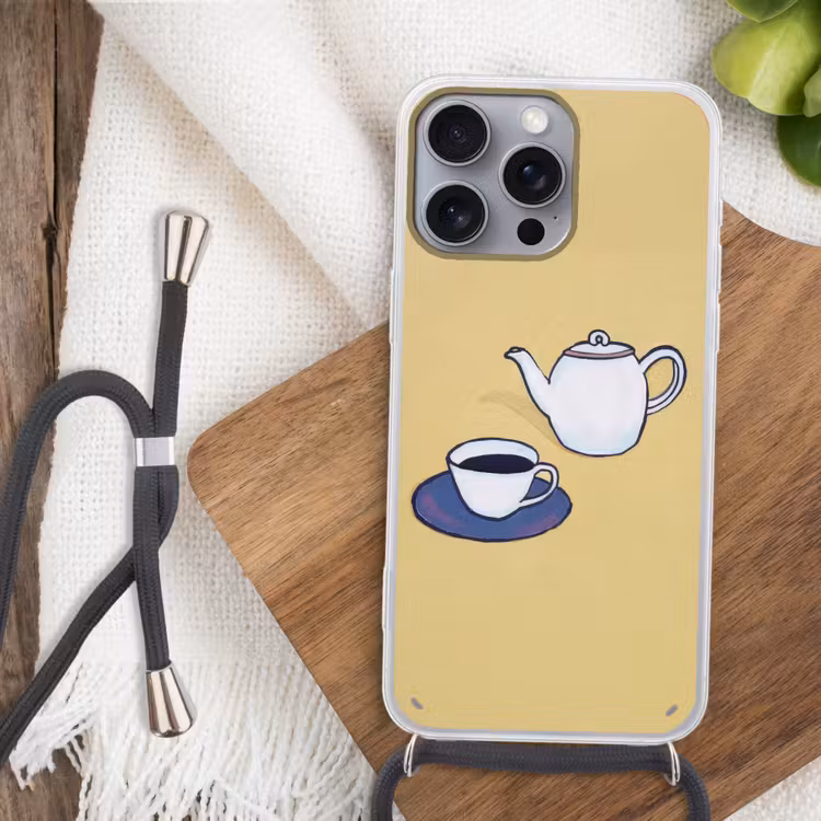 Theepot - Kopje - Beige - Illustratie Hoesje iPhone 16 Pro Max met koord klein -sfeer4