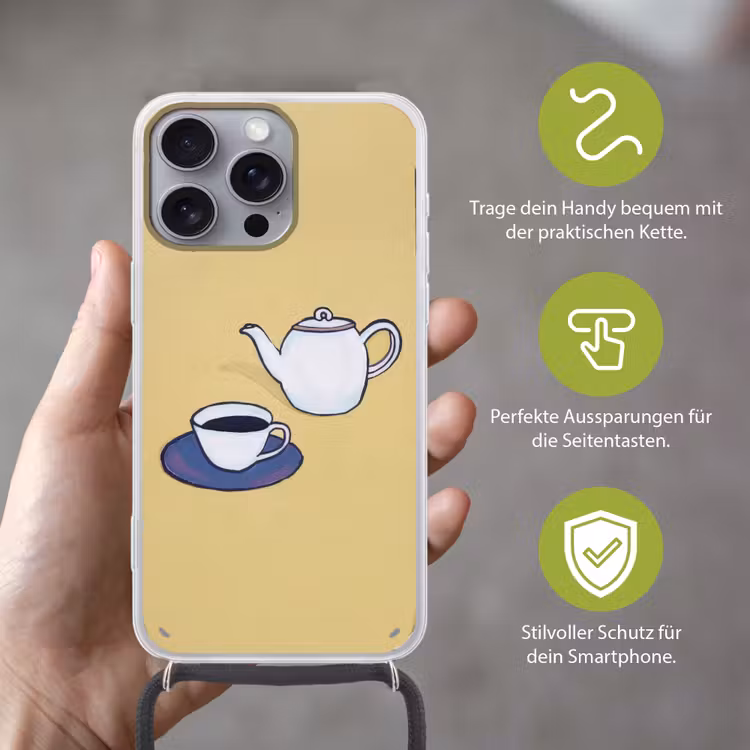 Theepot - Kopje - Beige - Illustratie Hoesje iPhone 16 Pro Max met koord klein -sfeer2_DE