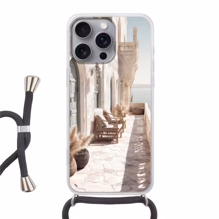 Terras - Stoelen - Strand - Beige Hoesje iPhone 16 Pro Max met koord klein -3d