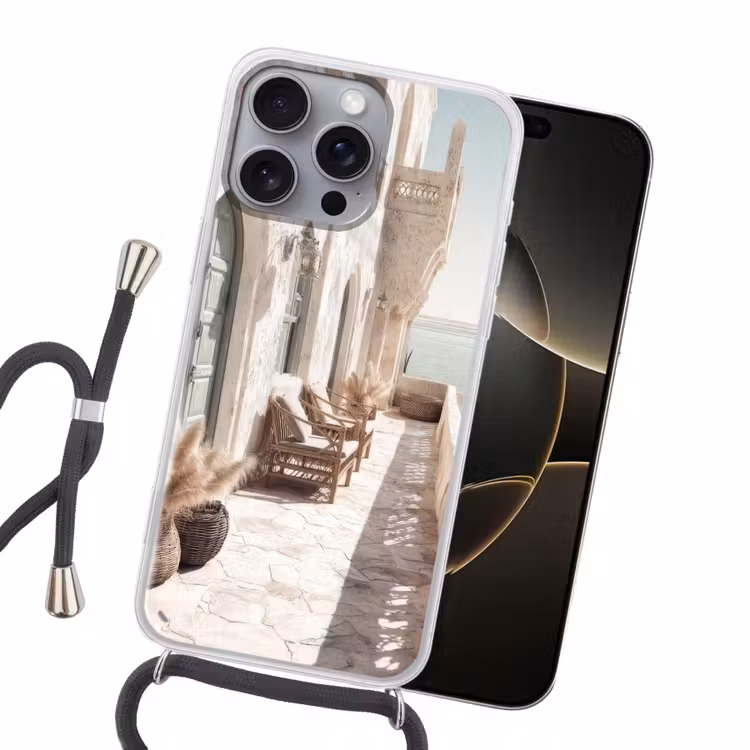 Terras - Stoelen - Strand - Beige Hoesje iPhone 16 Pro Max met koord klein -sfeer1