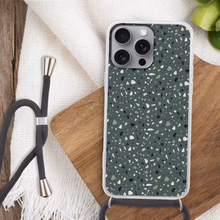 Terrazzo - Patroon - Kleurrijk - Groen Hoesje iPhone 16 Pro Max met koord klein 804 -sfeer4